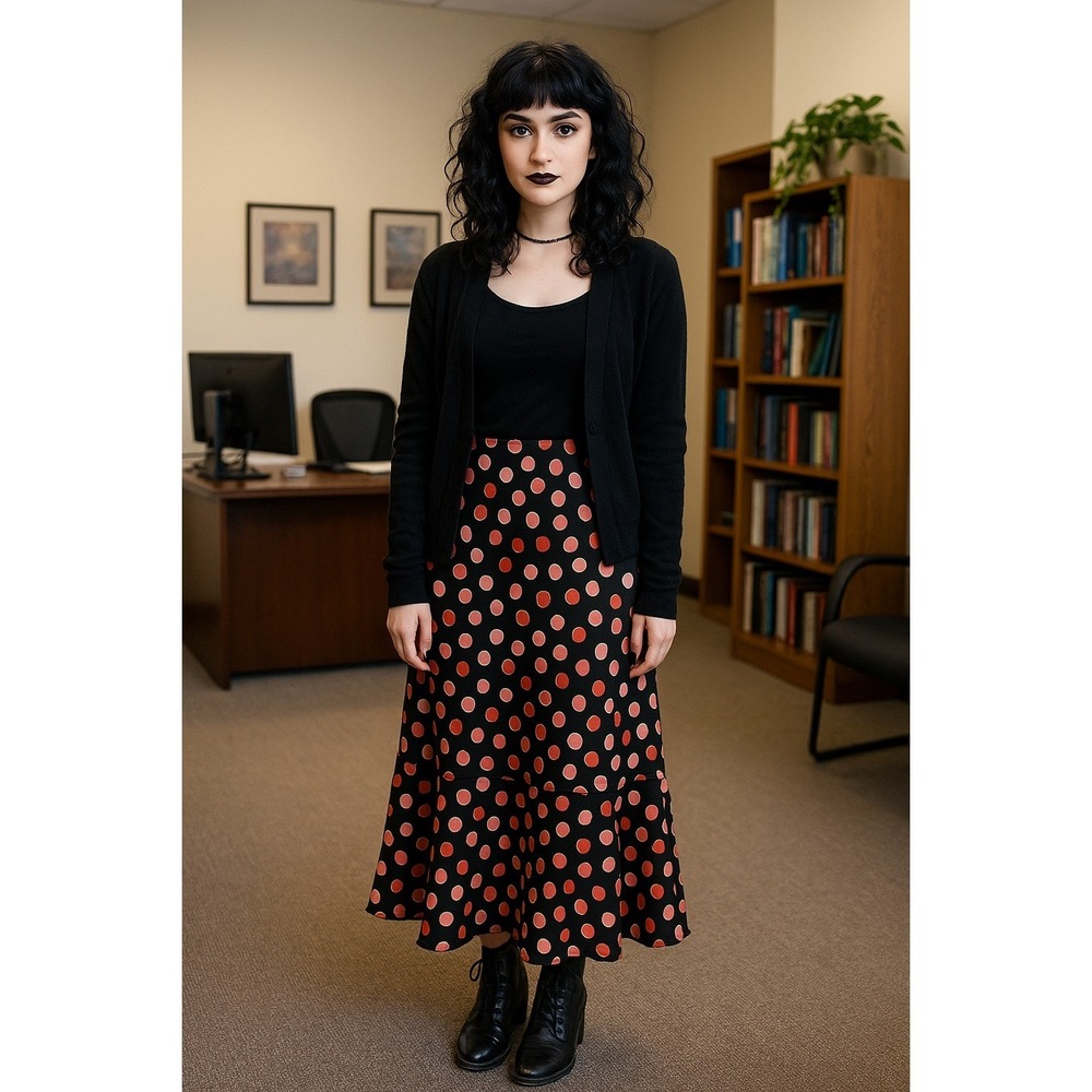 Whimsigoth Office Teacher Church Peach Polka Dot‎ Ribbon Ruffle Hem Midi L Skirt